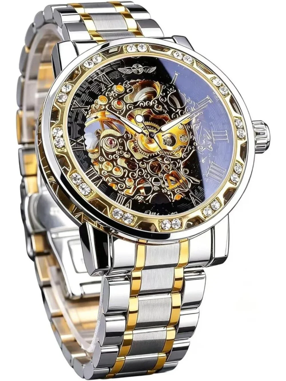 Vintage-Inspired Mechanical Skeleton Watch with Diamond Accents & Floral Design